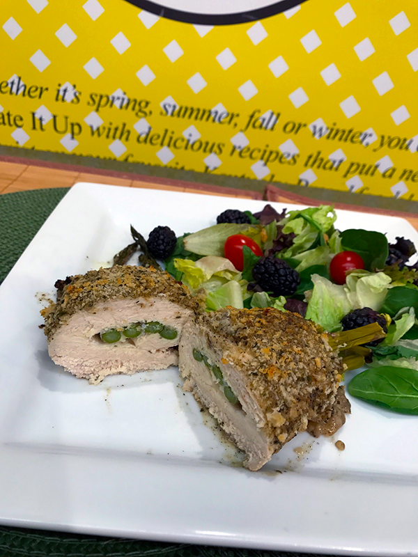 Dijon Chicken Asparagus Roll-Ups on plate with salad